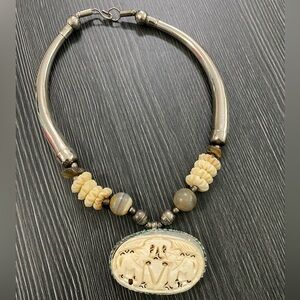 Carved Bone Pendant  elephant Necklace and natural stone with Silver-Tone Collar